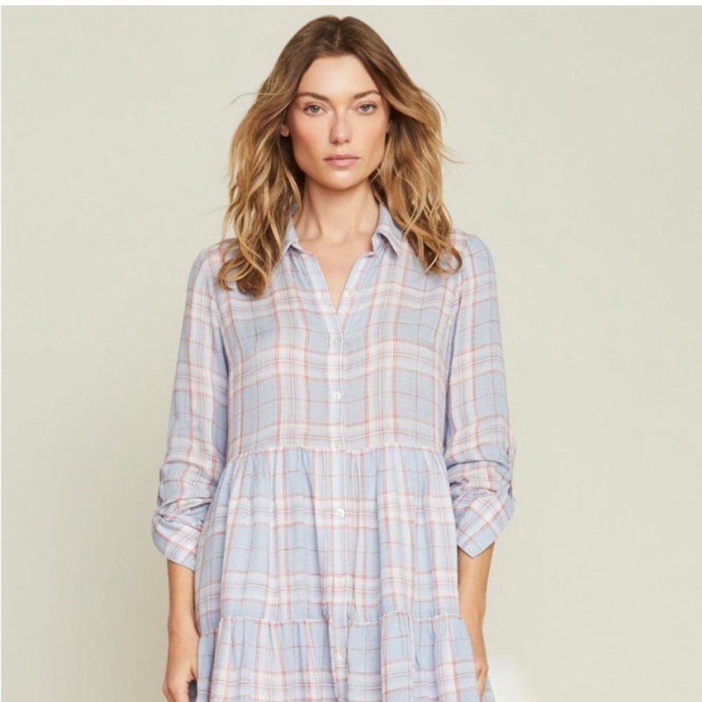 Veronica Beard Light Blue and Pink Plaid Shirt Dress - Picture 2 of 7